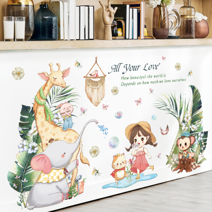 Sticker Autocolant Perete Copii, Fetita impreuna cu Animale Prietenoase si Haioase, 60x110 cm [5]