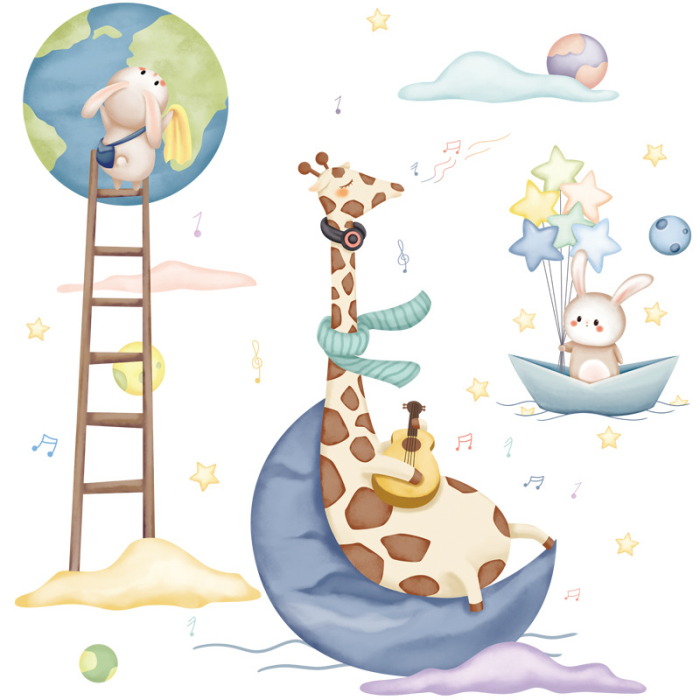 Sticker Autocolant Perete Copii, Girafa cu chitara si Iepurasi, 90x90 cm, Aida HER® [1]