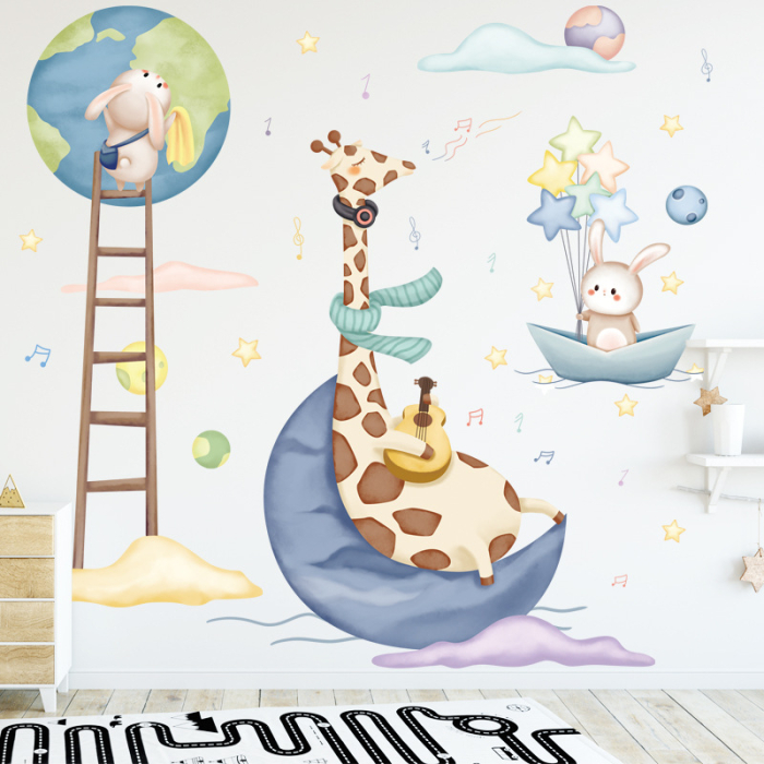 Sticker Autocolant Perete Copii, Girafa cu chitara si Iepurasi, 90x90 cm, Aida HER® [5]