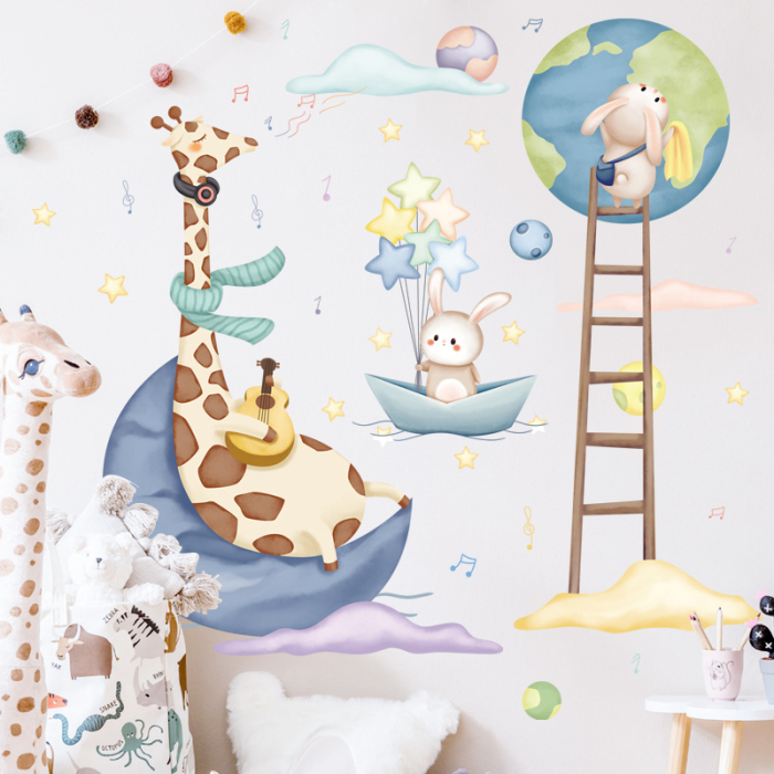 Sticker Autocolant Perete Copii, Girafa cu chitara si Iepurasi, 90x90 cm, Aida HER® [2]