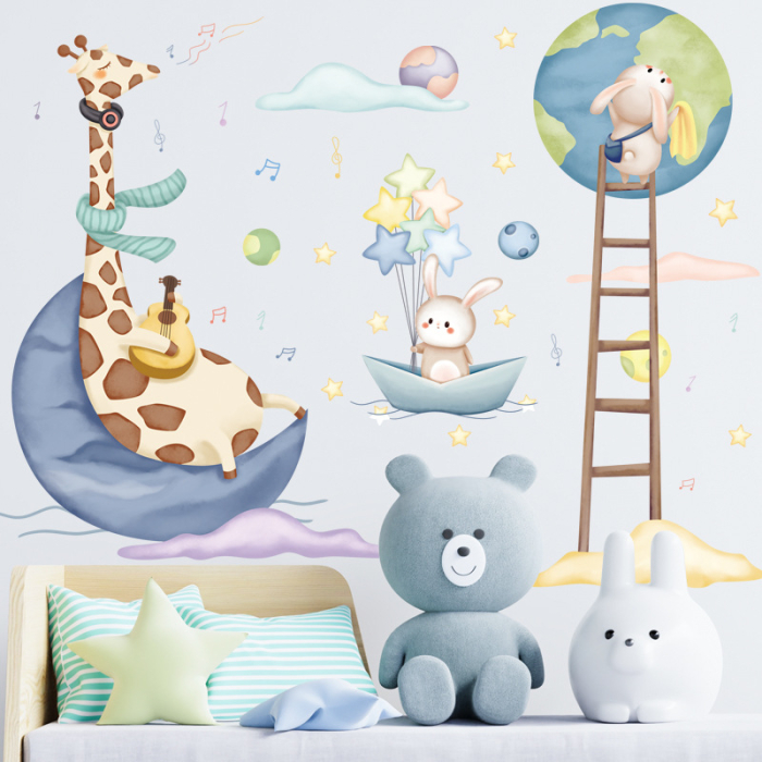 Sticker Autocolant Perete Copii, Girafa cu chitara si Iepurasi, 90x90 cm, Aida HER® [4]