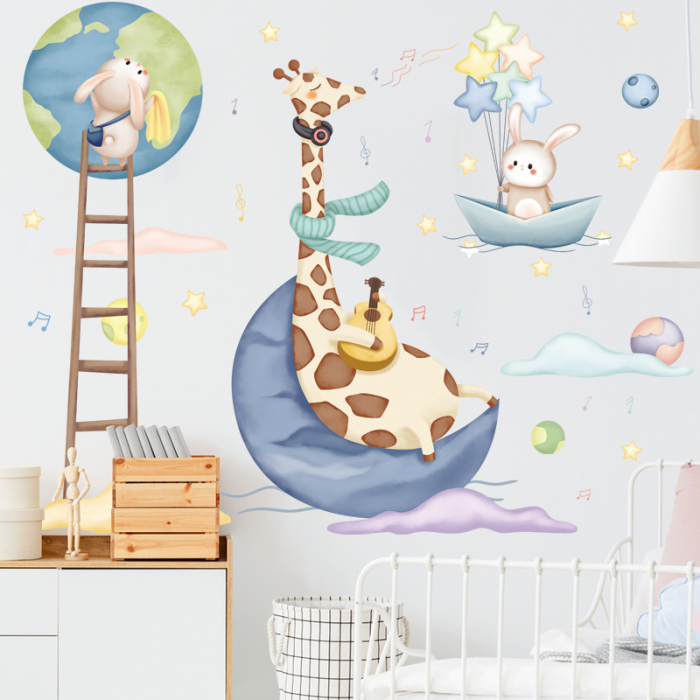 Sticker Autocolant Perete Copii, Girafa cu chitara si Iepurasi, 90x90 cm, Aida HER® [3]