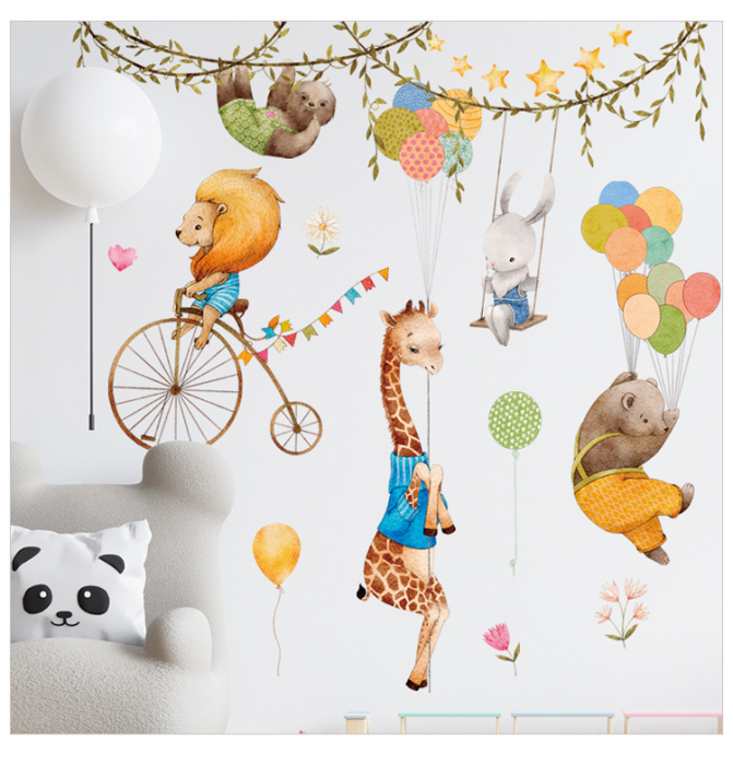 Sticker Autocolant Perete Copii, Leu pe Bicicleta, Urs si Girafa cu Baloane, Iepuras in Leagan, 80x90 cm, Aida HER® [4]