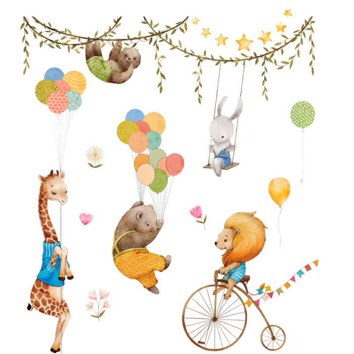 Sticker Autocolant Perete Copii, Leu pe Bicicleta, Urs si Girafa cu Baloane, Iepuras in Leagan, 80x90 cm, Aida HER® [1]