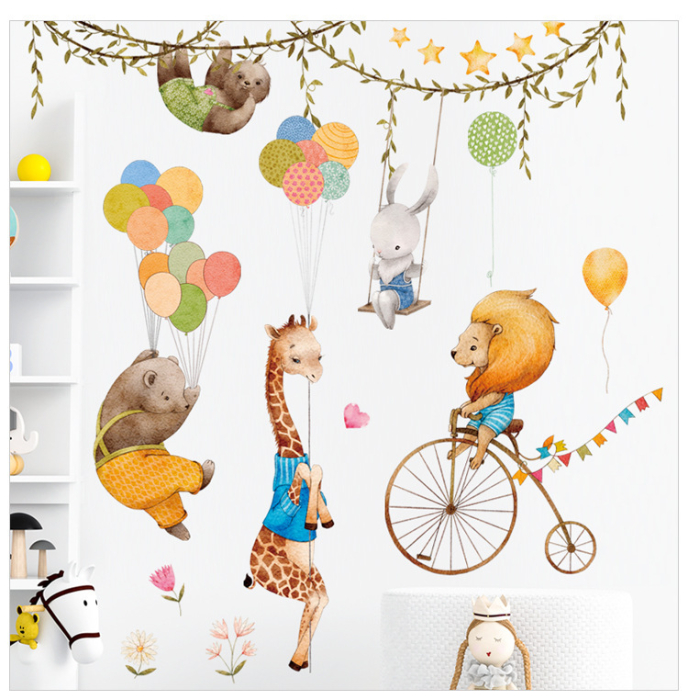 Sticker Autocolant Perete Copii, Leu pe Bicicleta, Urs si Girafa cu Baloane, Iepuras in Leagan, 80x90 cm, Aida HER® [2]