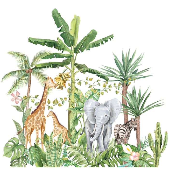 Sticker Autocolant Perete Copii, Safari, Animalele Junglei, Girafe, Elefant si Zebra, 75x75 cm [1]