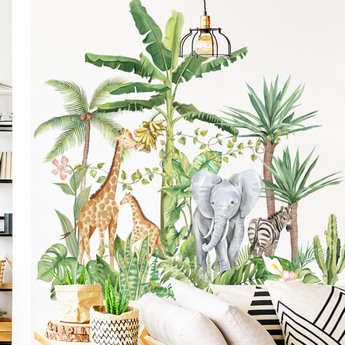 Sticker Autocolant Perete Copii, Safari, Animalele Junglei, Girafe, Elefant si Zebra, 75x75 cm [2]