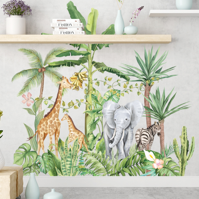 Sticker Autocolant Perete Copii, Safari, Animalele Junglei, Girafe, Elefant si Zebra, 75x75 cm [5]