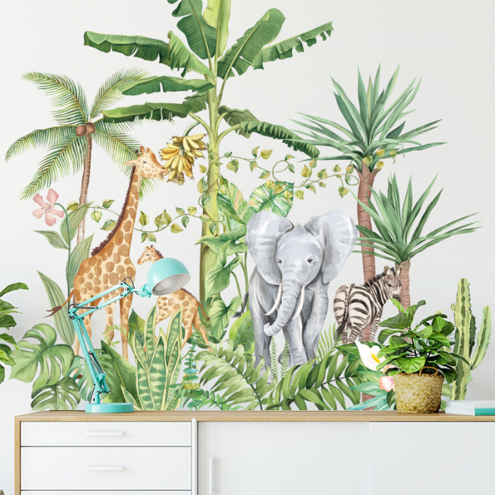 Sticker Autocolant Perete Copii, Safari, Animalele Junglei, Girafe, Elefant si Zebra, 75x75 cm [4]