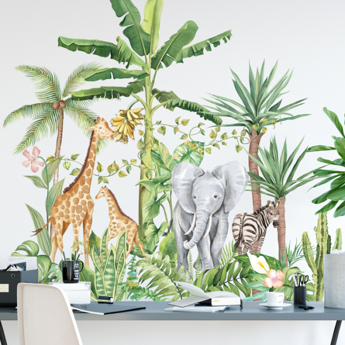 Sticker Autocolant Perete Copii, Safari, Animalele Junglei, Girafe, Elefant si Zebra, 75x75 cm [3]