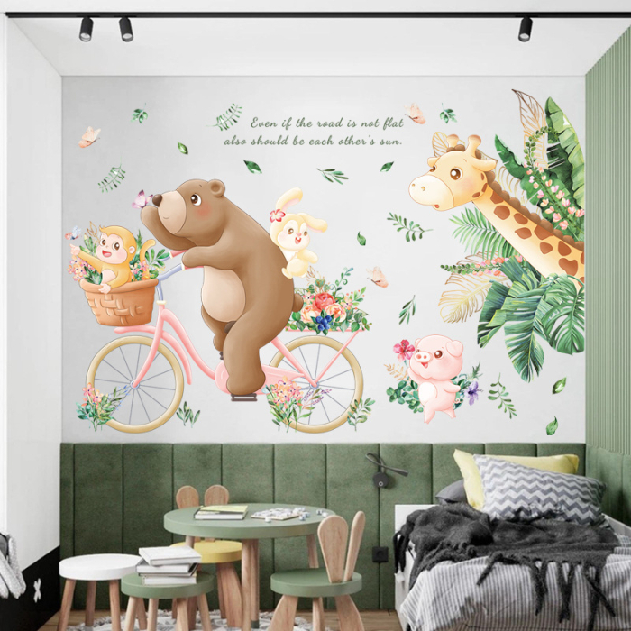Sticker Autocolant Perete Copii, Urs pe Bicicleta, Iepuras, Maimuta, Porc, Girafa, 70x100 cm, Aida HER® [3]