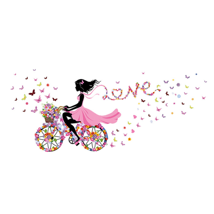 Sticker Autocolant Perete, Fata pe Bicicleta cu Flori si Fluturasi, Love Sticker, 65x130 cm, Aida HER® [1]