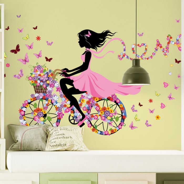 Sticker Autocolant Perete, Fata pe Bicicleta cu Flori si Fluturasi, Love Sticker, 65x130 cm, Aida HER® [3]