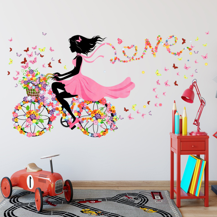 Sticker Autocolant Perete, Fata pe Bicicleta cu Flori si Fluturasi, Love Sticker, 65x130 cm, Aida HER® [4]