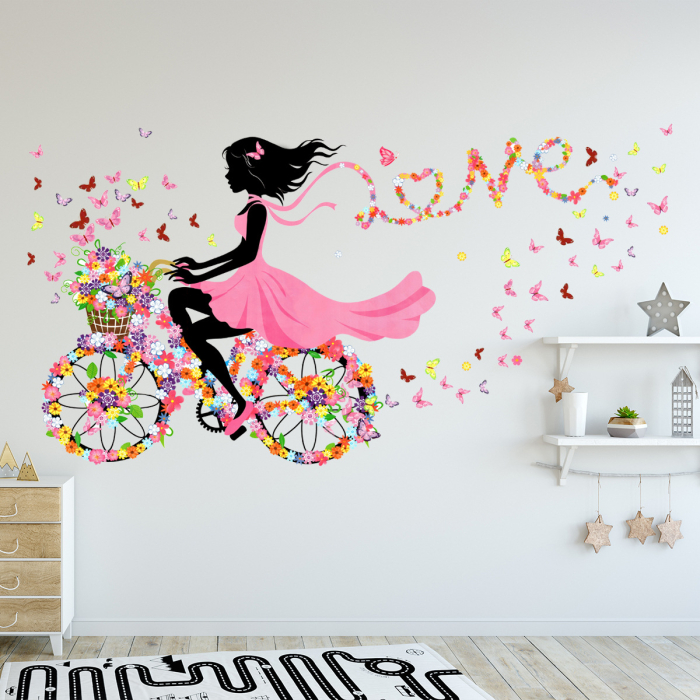 Sticker Autocolant Perete, Fata pe Bicicleta cu Flori si Fluturasi, Love Sticker, 65x130 cm, Aida HER® [2]