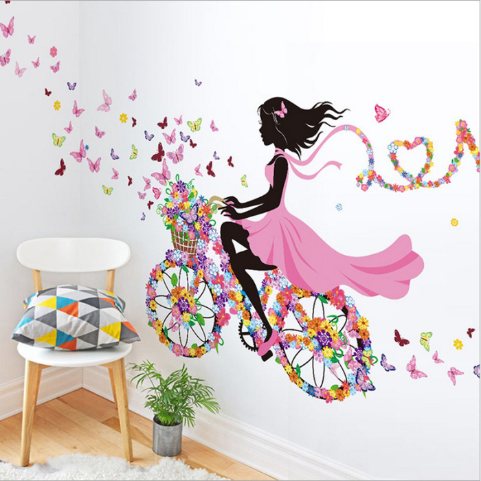 Sticker Autocolant Perete, Fata pe Bicicleta cu Flori si Fluturasi, Love Sticker, 65x130 cm, Aida HER® [5]