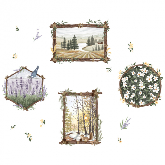 Sticker Autocolant Perete, Peisaje, Pasare, Munti, Copaci, Veverita, Lavanda, 77x100 cm [2]