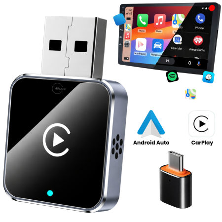 Incarcatoare telefoane & Electronice - Adaptor Wireless 2-in-1, pentru CarPlay si Android Auto, USB / USB-C, Conectare Fara Cablu, Gri