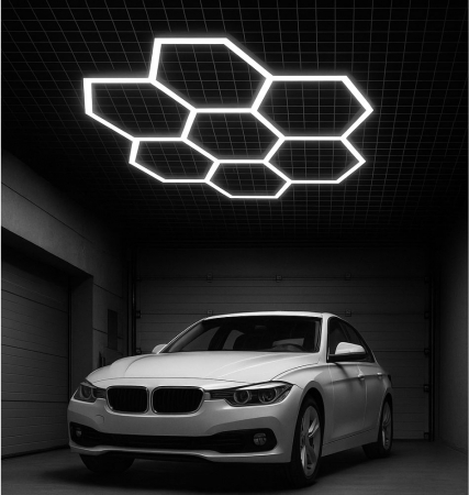 Lampi LED - Aplica LED cu 7 Hexagoane tip Fagure, 210W, Tavan HoneyComb, Modulara, 2548x2444 mm, 6500K, Design Modern, Atelier Auto, Garaj, Frizerie, Salon