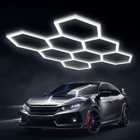 Aplica LED cu 8 Hexagoane tip Fagure, 280W, Modulara, Tavan HoneyComb, 2576x2444 mm, 6500K, Design Modern, Atelier Auto, Garaj, Frizerie, Salon [1]