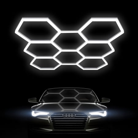 Aplica LED cu 8 Hexagoane tip Fagure, 280W, Modulara, Tavan HoneyComb, 2576x2444 mm, 6500K, Design Modern, Atelier Auto, Garaj, Frizerie, Salon [5]