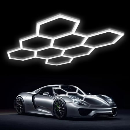 Aplica LED cu 8 Hexagoane tip Fagure, 280W, Modulara, Tavan HoneyComb, 2576x2444 mm, 6500K, Design Modern, Atelier Auto, Garaj, Frizerie, Salon [2]