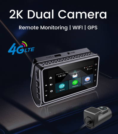 Camera Auto de Bord Duala 2K + Camera Spate AHD, Ecran LCD, Conexiune 4G Cartela SIM, Wi-Fi, Night Vision, G-Senzor, Alimentare Bricheta/Panou Sigurante [1]