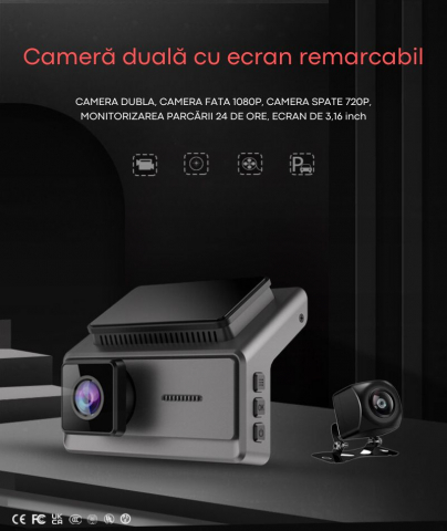 Camera Auto DVR Duala, 1080P, Dashcam Full HD, Ecran LCD 3.16 Inch, Parking Monitor, 140°i, Night Vision + Camera Spate HD, 720P [2]