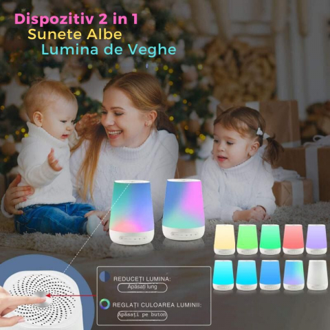 Disipozitiv Sunete Albe, 34 Sunete pentru Bebelusi, Copii si Adulti, Lumina de Veghe RGB, Bluetooth, Incarcare USB-C, Timer, Control din Aplicatia Mobila, White Noise [1]