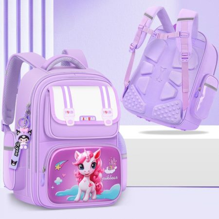 Ghiozdane Copii - ghiozdan școlar mov cu unicorn, ergonomic, impermeabil, cu benzi reflectorizante și prindere la piept