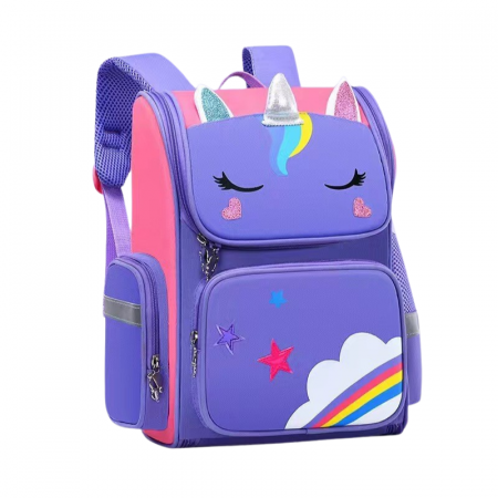Ghiozdan Școlar Violet cu Unicorn – Ergonomic, Compartimente Multiple, Benzi Reflectorizante, Prindere la Piept, 41x27x14 cm, [2]