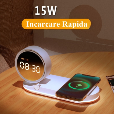 Incarcatoare wireless - Incarcator Wireless Rapid, 15W Fast Charger cu Ceas Digital, Alarma si Lumina Ambientala Reglabila, Aida HER®