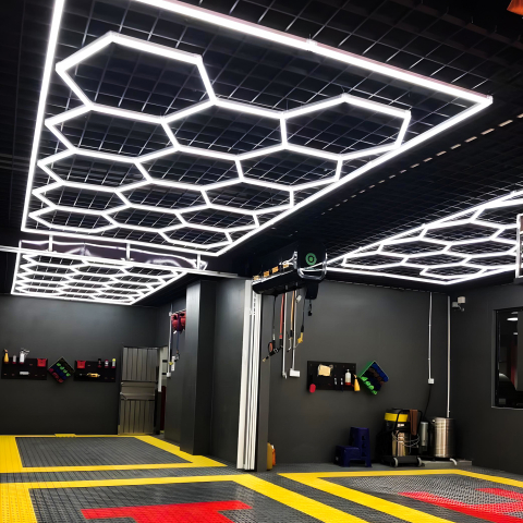 Lampa LED cu 14 Hexagoane tip Fagure, 672W, Tavan HoneyComb, 4845x2435 mm, 6500K, Design Modern, Atelier Auto, Garaj, Frizerie, Salon [2]