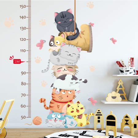Stickere decorative - Metru Sticker Autocolant cu Animale pentru Masurare Inaltime Copii, Model cu Pisicute, 130x75 cm