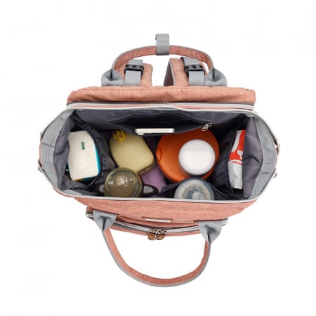 Rucsac Multifuncțional pentru Mămici Roz Corai – Impermeabil, Compartimentat, cu Buzunare Termoizolante, USB, Prindere Cărucior & Troler [3]