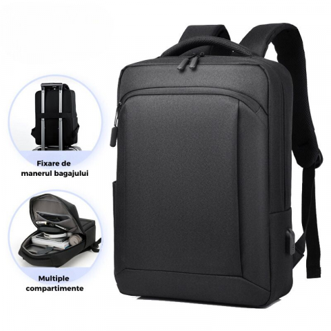 Rucsac Multifunctional, Smart Casual, Business si Calatorii, Rezistent la Apa si Zgarieturi, cu Port USB, Bareta Reglabila, Unisex, Spatios si Respirabil, Compatibil cu Laptop 15.6", Negru [2]