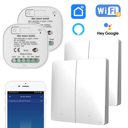 Dispozitive Smart - Set 2 Întrerupătoare Cinetice Duble Fără Fir cu Revenire + 2 Controllere RF433+WiFi, Cap-Scara, Fara Baterii, Autoalimentare Cinetica, Control din Aplicatie, Compatibil Alexa si Google Home, Montaj As