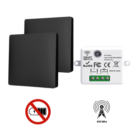 Electrice & Smart Home - Set 2 Intrerupatoare Cinetice Fara Fir si 1 Controller Wireless (RF433), Cap-Scara, Fara Baterii, Control al Luminilor si Aparatelor, Negru