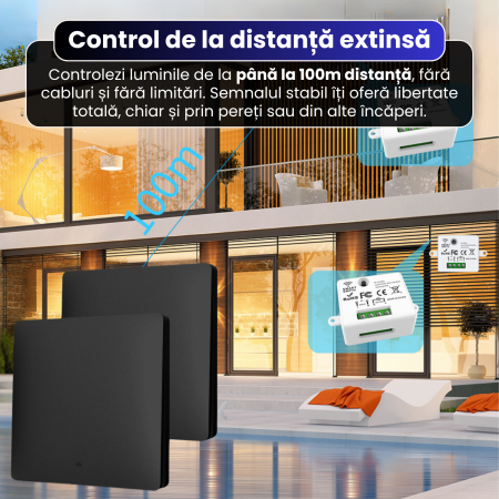 Set 2 Intrerupatoare Cinetice Fara Fir si 1 Controller Wireless (RF433), Cap-Scara, Fara Baterii, Control al Luminilor si Aparatelor, Negru [1]
