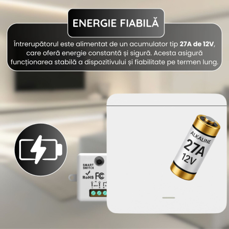 Set 2 Intrerupatoare cu Revenire Fara Fir si 1 Controller Wireless (RF433), Cap-Scara, Control al Luminilor si Aparatelor, Alb [3]