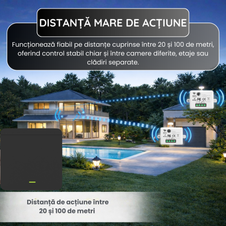 Set 2 Intrerupatoare cu Revenire Fara Fir si 1 Controller Wireless (RF433), Cap-Scara, Control al Luminilor si Aparatelor, Negru [3]