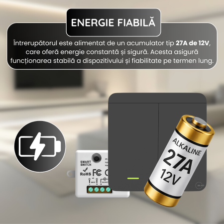 Set 2 Intrerupatoare cu Revenire Fara Fir si 1 Controller Wireless (RF433), Cap-Scara, Control al Luminilor si Aparatelor, Negru [2]