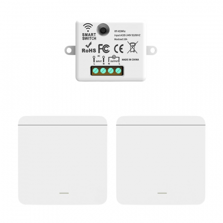 Electrice & Smart Home - Set 2 Intrerupatoare cu Revenire Fara Fir si 1 Controller Wireless (RF433), Cap-Scara, Control al Luminilor si Aparatelor, Alb