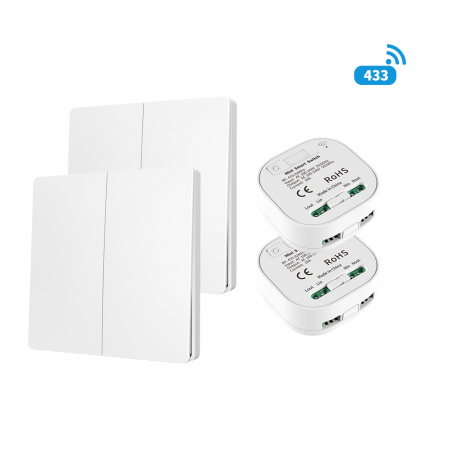 Dispozitive Smart - Set 2 Intrerupatoare Duble Cinetice cu Revenire Fara Fir și 2 Controllere Wireless (Unde Radio - RF433) – Control pentru Lumini și Aparate Electronice, Alb