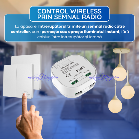 Set 2 Intrerupatoare Duble Cinetice cu Revenire Fara Fir și 2 Controllere Wireless (Unde Radio - RF433) – Control pentru Lumini și Aparate Electronice, Alb [3]