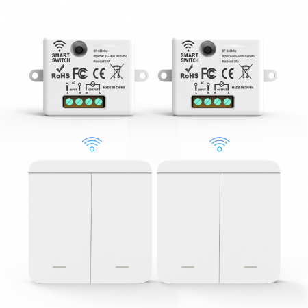 Electrice & Smart Home - Set 2 Întrerupătoare Duble Fără Fir cu Revenire și 2 Controllere Wireless RF, Cap-Scară, Control Lumini și Aparate, Alb