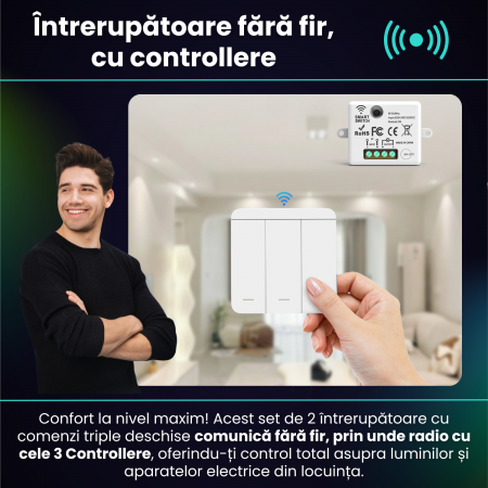Set 2 Intrerupatoare Triple cu Revenire Fara Fir si 3 Controllere Wireless, Control al Luminilor si Aparatelor, Alb [1]
