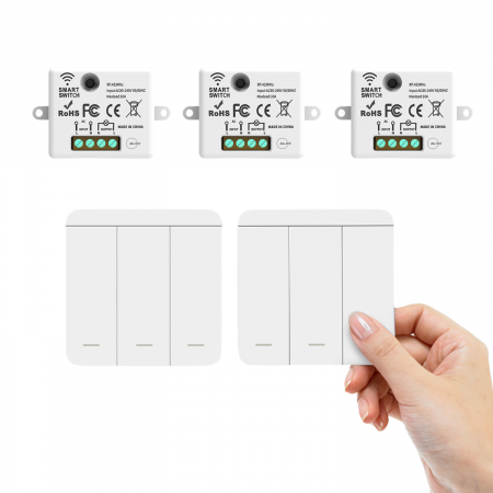 Electrice & Smart Home - Set 2 Intrerupatoare Triple cu Revenire Fara Fir si 3 Controllere Wireless, Control al Luminilor si Aparatelor, Alb