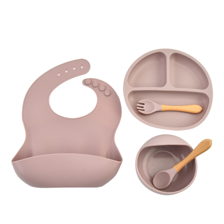 Articole hranire bebelusi - Set Diversificare Bebe din Silicon, Baveta, Farfurie, Bol, Lingurita si Furculita, Roz Pudra