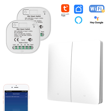 Set Întrerupător Dublu Cinetic Fără Fir + 2 Controllere Smart Wi-Fi – Control Lumini și Aparate prin Aplicație Mobilă